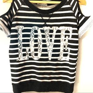 Chance or fate short sleeve “LOVE” striped sweatshirt with lace. Size small.